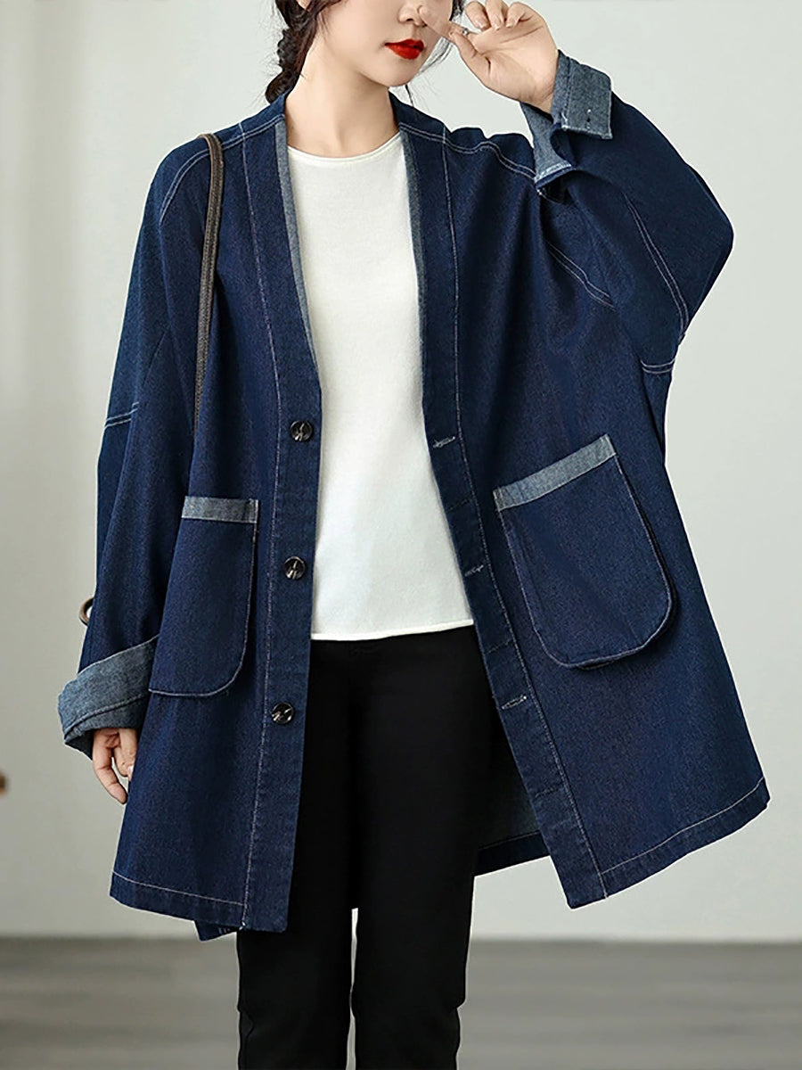Women Vintage Autumn Denim Loose V-Neck Coat
