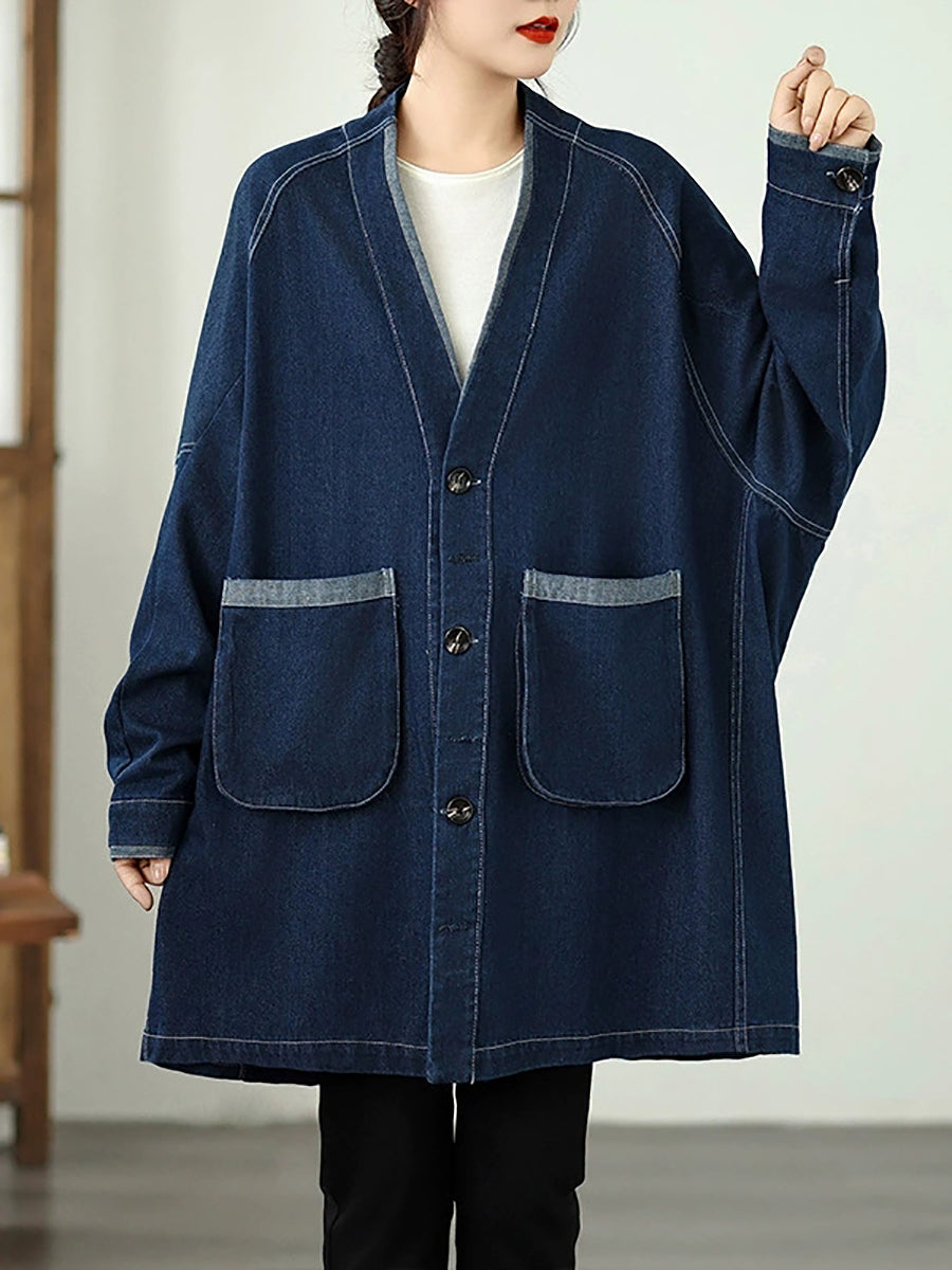 Women Vintage Autumn Denim Loose V-Neck Coat