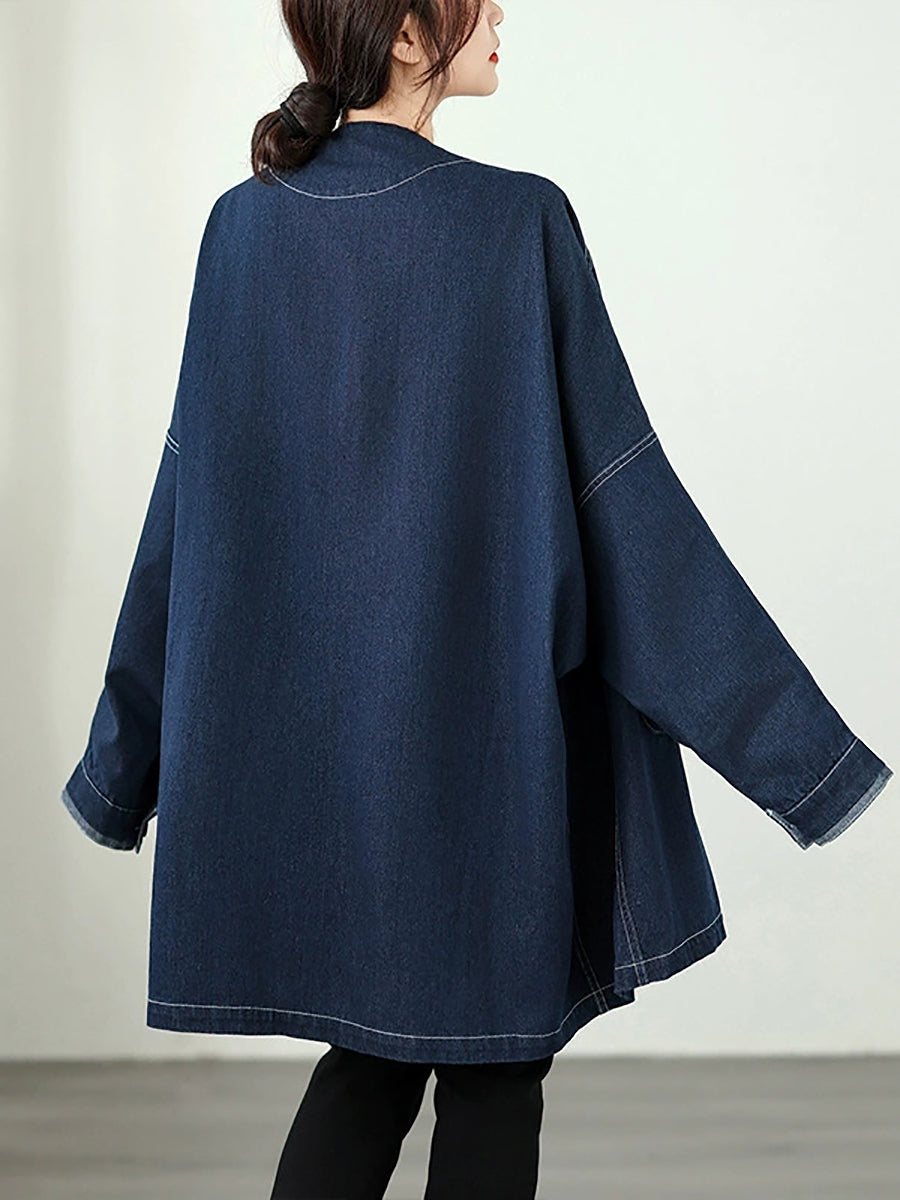 Women Vintage Autumn Denim Loose V-Neck Coat