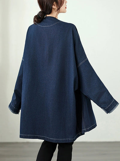 Women Vintage Autumn Denim Loose V-Neck Coat