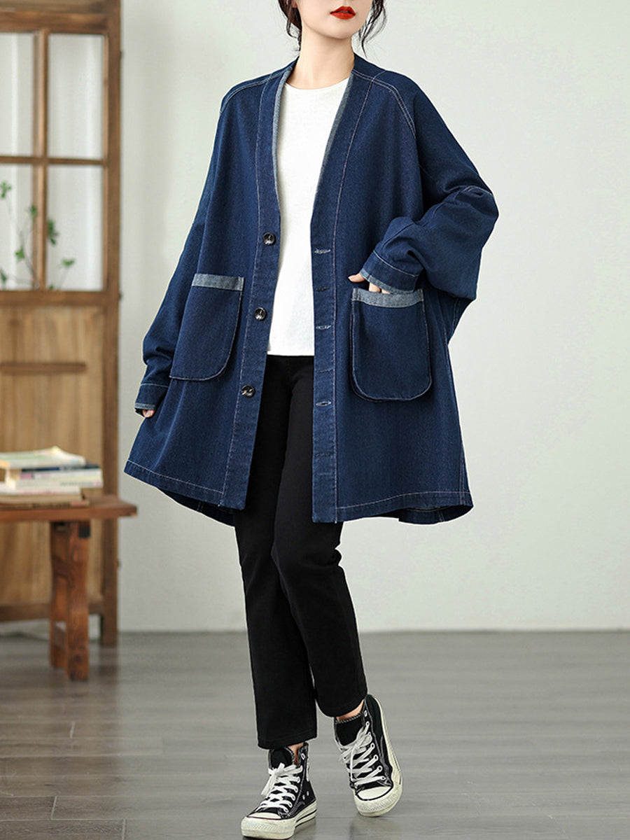 Women Vintage Autumn Denim Loose V-Neck Coat