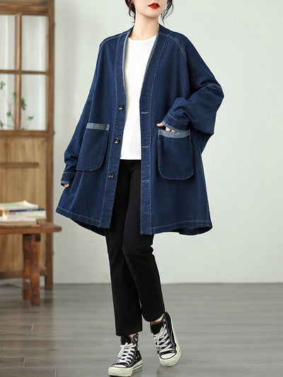 Women Vintage Autumn Denim Loose V-Neck Coat