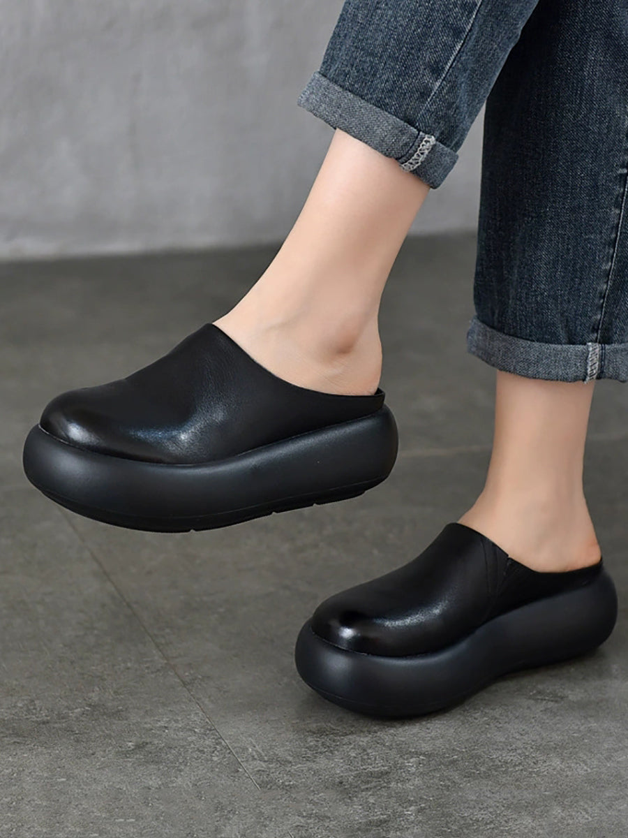 Women Summer Pure Color Soft Leather Platform Slippers