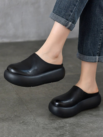 Women Summer Pure Color Soft Leather Platform Slippers