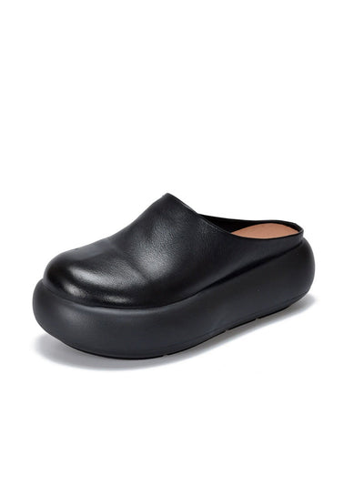 Women Summer Pure Color Soft Leather Platform Slippers