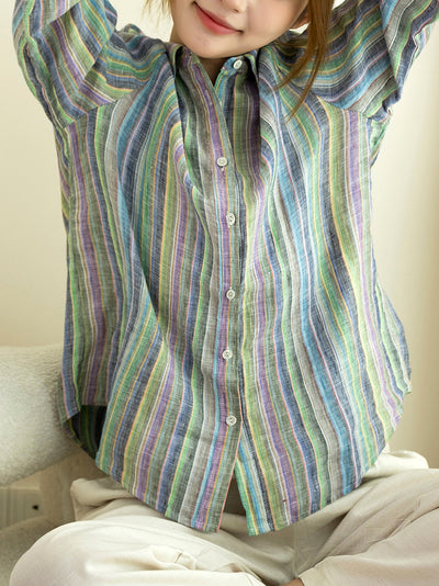 Women Summer Vintage Stripe Turn-down Collar 100%Linen Shirt