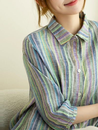 Women Summer Vintage Stripe Turn-down Collar 100%Linen Shirt