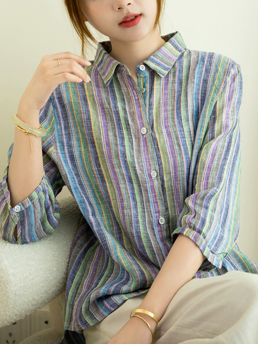 Women Summer Vintage Stripe Turn-down Collar 100%Linen Shirt