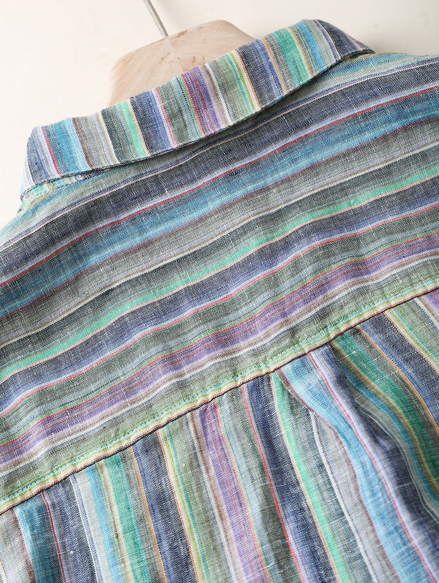 Women Summer Vintage Stripe Turn-down Collar 100%Linen Shirt