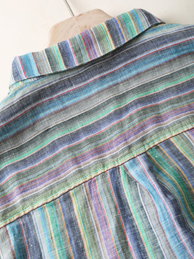Women Summer Vintage Stripe Turn-down Collar 100%Linen Shirt