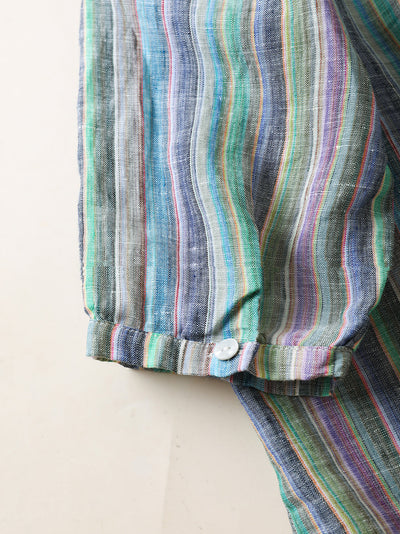 Women Summer Vintage Stripe Turn-down Collar 100%Linen Shirt
