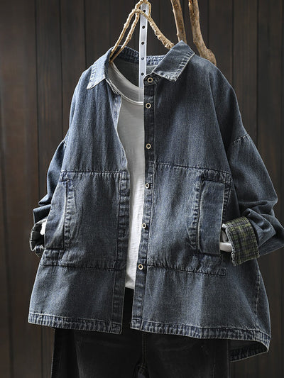 Women Vintage Autumn Turn-down Collar Denim Shirt Coat