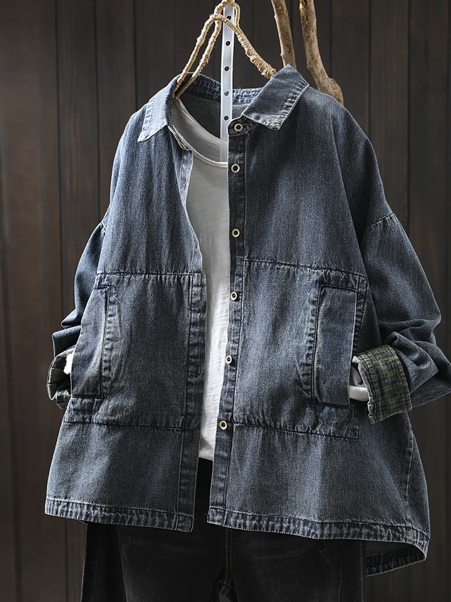 Women Vintage Autumn Turn-down Collar Denim Shirt Coat