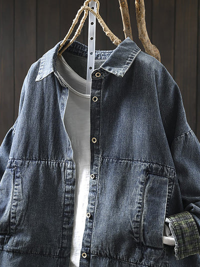 Women Vintage Autumn Turn-down Collar Denim Shirt Coat