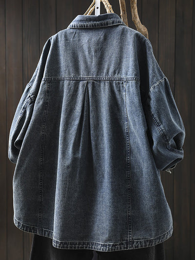 Women Vintage Autumn Turn-down Collar Denim Shirt Coat