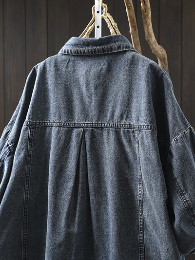 Women Vintage Autumn Turn-down Collar Denim Shirt Coat