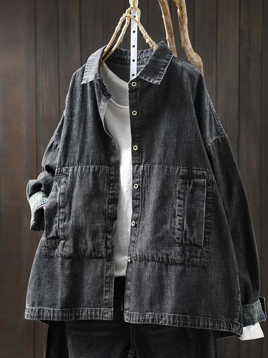 Women Vintage Autumn Turn-down Collar Denim Shirt Coat