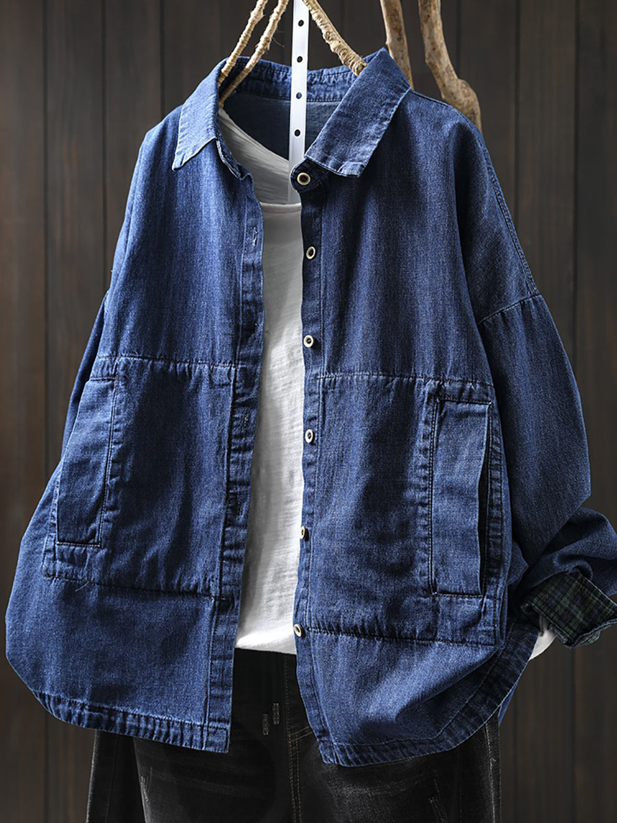 Women Vintage Autumn Turn-down Collar Denim Shirt Coat
