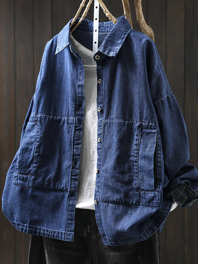 Women Vintage Autumn Turn-down Collar Denim Shirt Coat