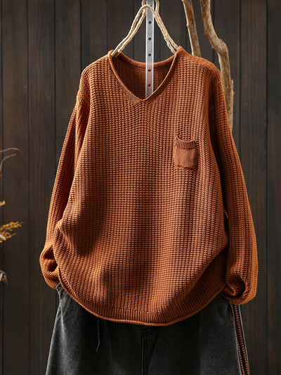 Women Autumn Artsy Pure Color Knitted V-Neck Sweater