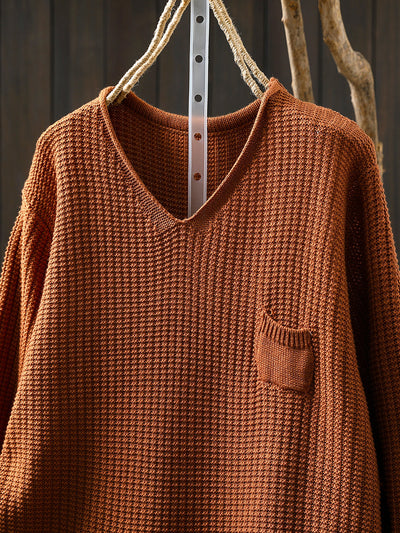 Women Autumn Artsy Pure Color Knitted V-Neck Sweater