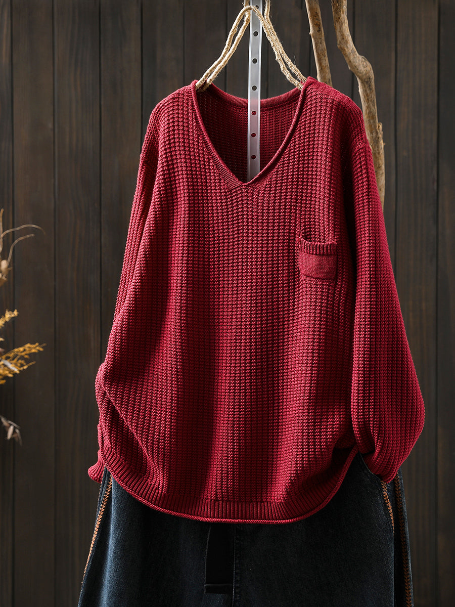 Women Autumn Artsy Pure Color Knitted V-Neck Sweater