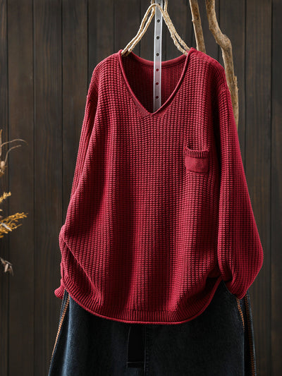Women Autumn Artsy Pure Color Knitted V-Neck Sweater
