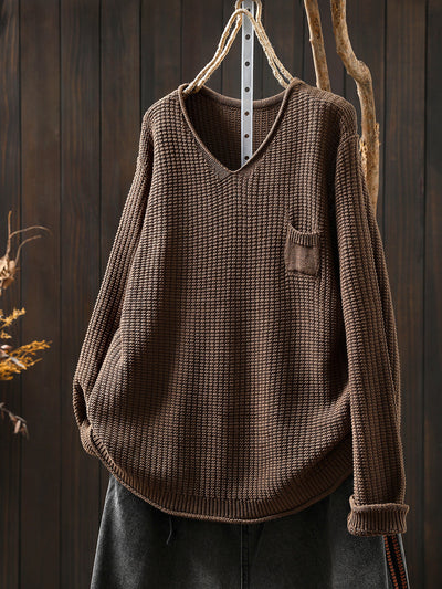 Women Autumn Artsy Pure Color Knitted V-Neck Sweater