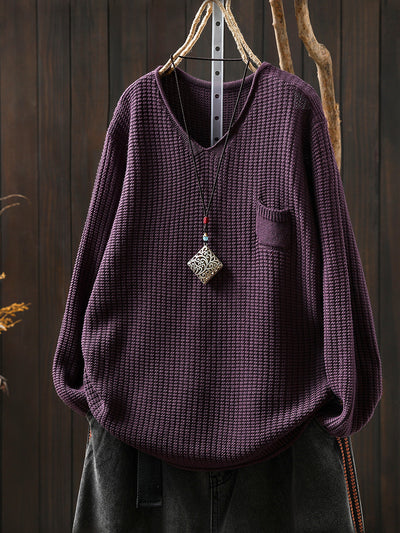 Women Autumn Artsy Pure Color Knitted V-Neck Sweater