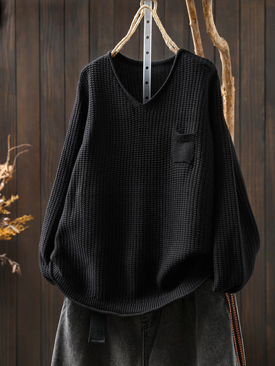 Women Autumn Artsy Pure Color Knitted V-Neck Sweater