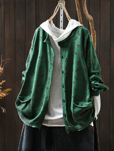 Women Autumn Artsy Floral Knitted O-Neck Sweater