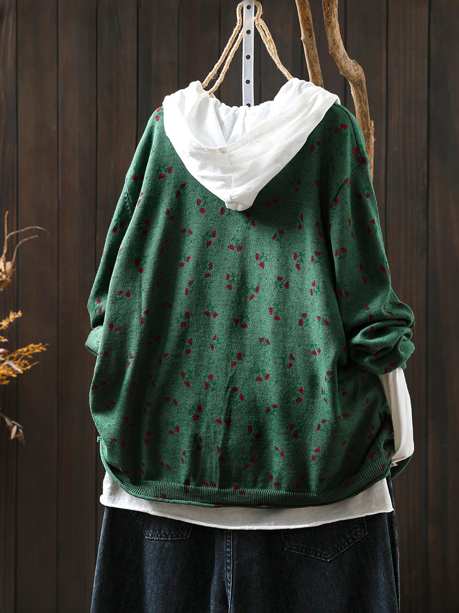 Women Autumn Artsy Floral Knitted O-Neck Sweater