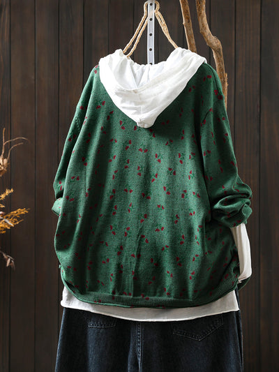 Women Autumn Artsy Floral Knitted O-Neck Sweater