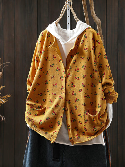 Women Autumn Artsy Floral Knitted O-Neck Sweater