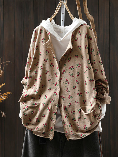 Women Autumn Artsy Floral Knitted O-Neck Sweater