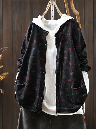 Women Autumn Artsy Floral Knitted O-Neck Sweater