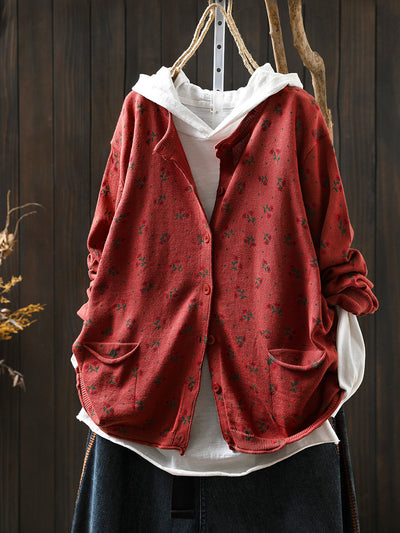 Women Autumn Artsy Floral Knitted O-Neck Sweater