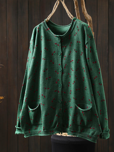 Women Autumn Artsy Floral Knitted O-Neck Sweater