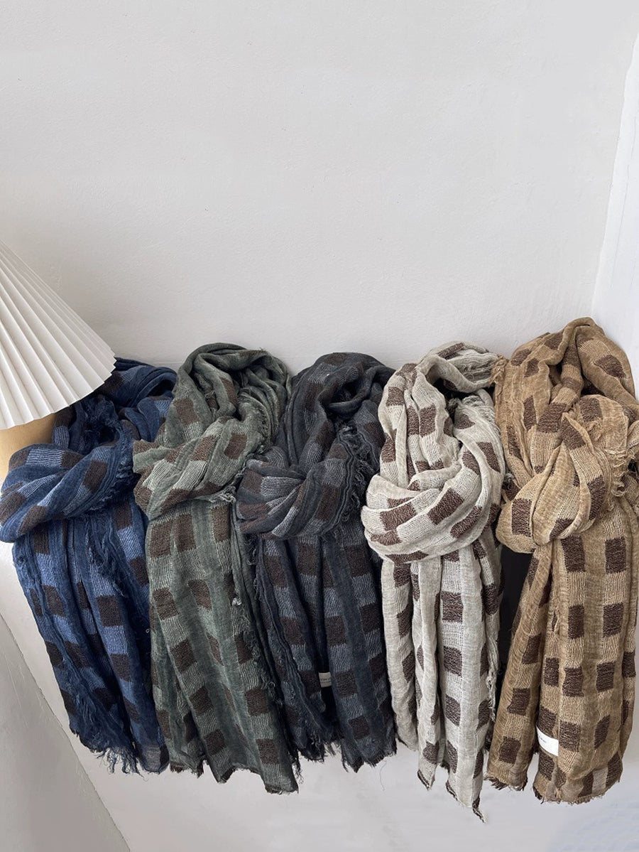 Women Vintage Plaid Tassel Shawl Scarf