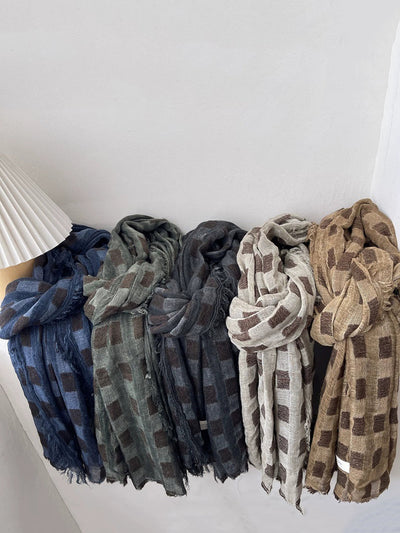Women Vintage Plaid Tassel Shawl Scarf