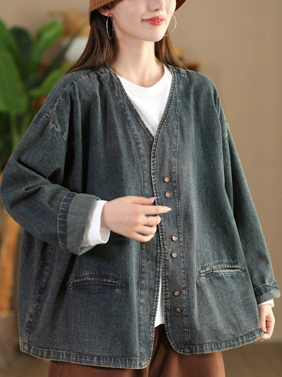 Women Vintage Autumn Pure Color V-Neck Denim Jacket