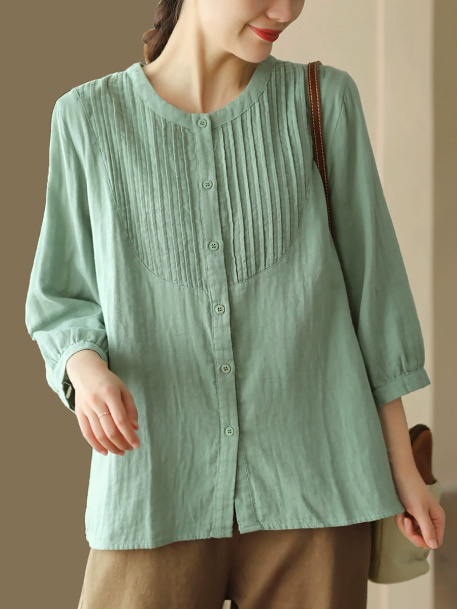 Women Autumn Artsy Shirred O-Neck 100%Cotton Shirt