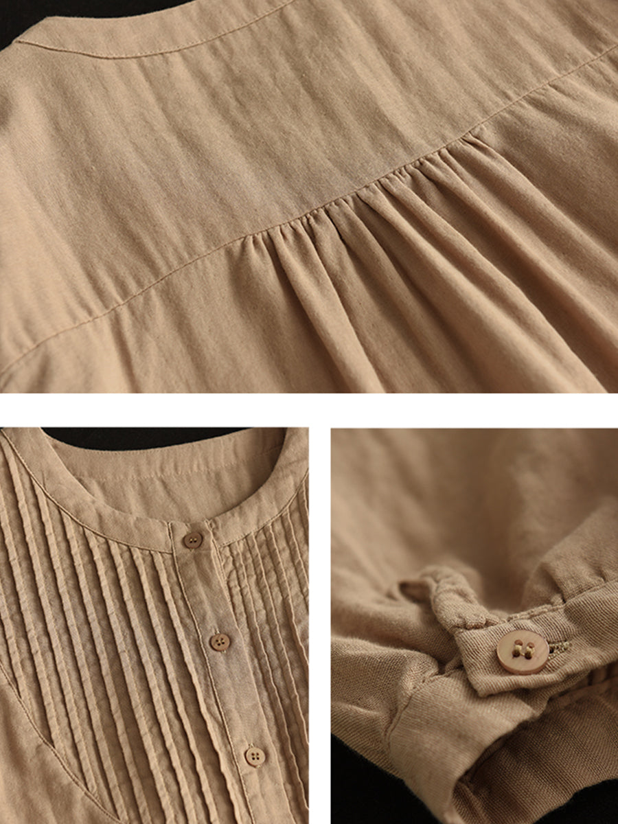 Women Autumn Artsy Shirred O-Neck 100%Cotton Shirt