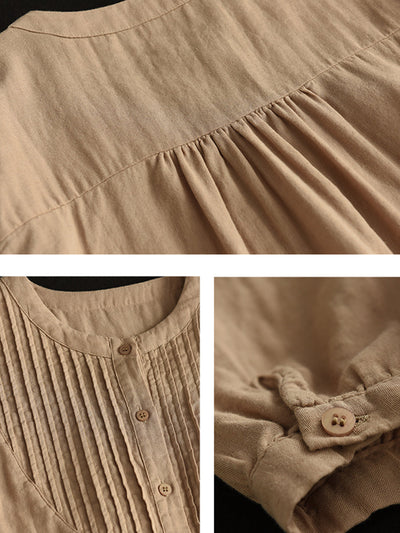 Women Autumn Artsy Shirred O-Neck 100%Cotton Shirt