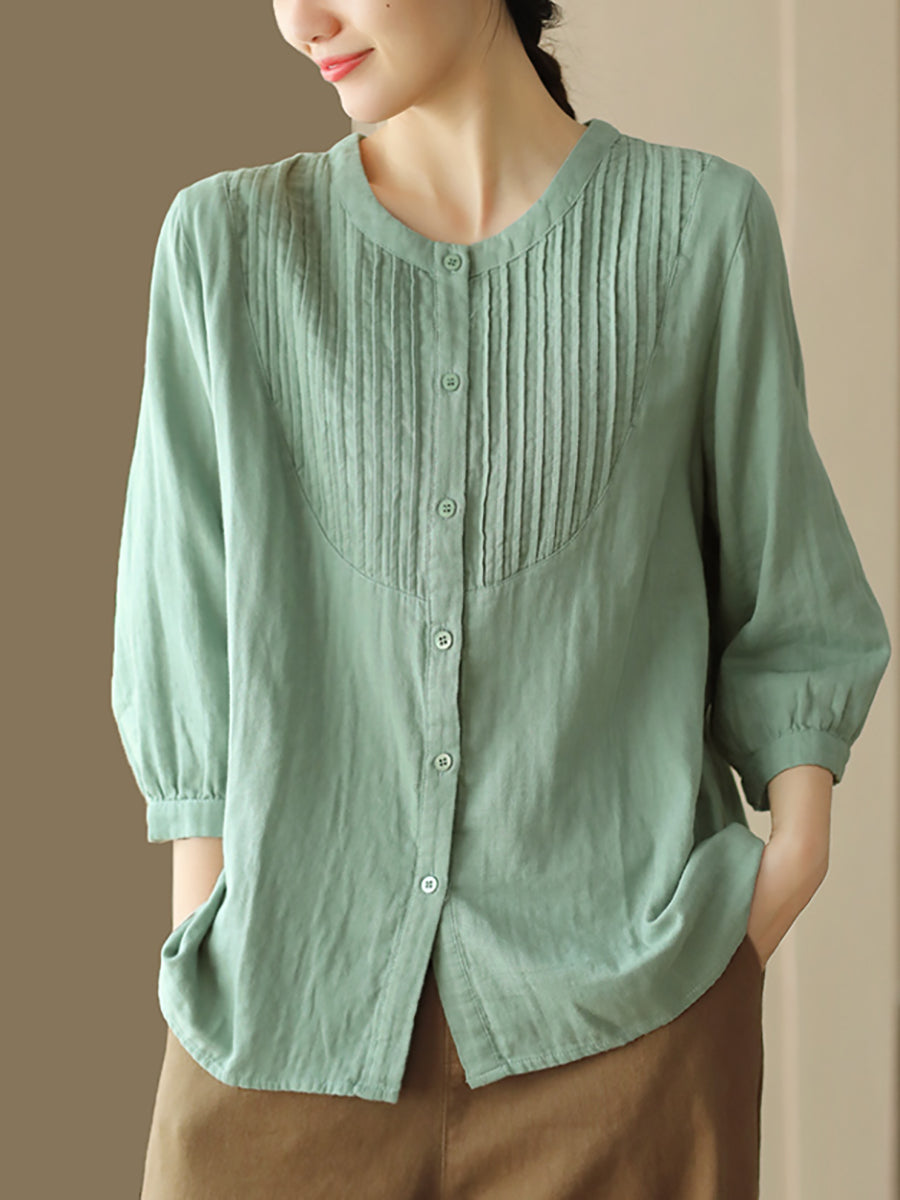 Women Autumn Artsy Shirred O-Neck 100%Cotton Shirt