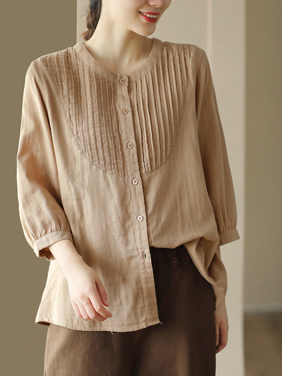 Women Autumn Artsy Shirred O-Neck 100%Cotton Shirt