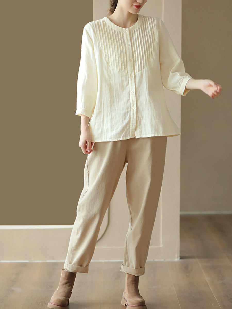 Women Autumn Artsy Shirred O-Neck 100%Cotton Shirt