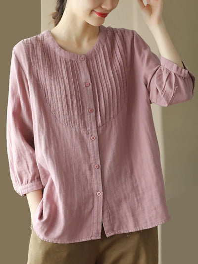 Women Autumn Artsy Shirred O-Neck 100%Cotton Shirt