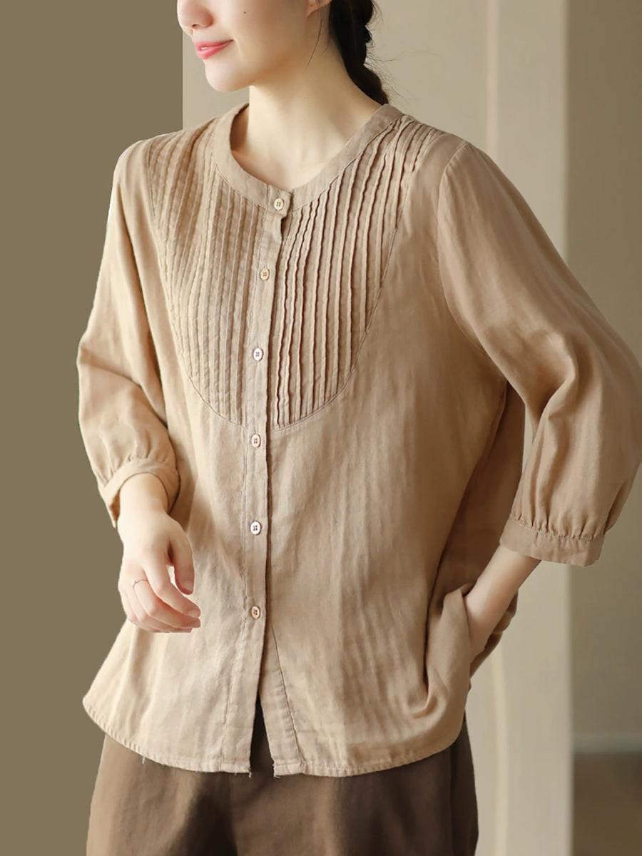 Women Autumn Artsy Shirred O-Neck 100%Cotton Shirt