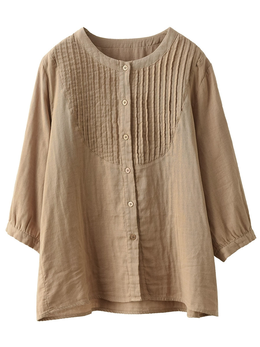 Women Autumn Artsy Shirred O-Neck 100%Cotton Shirt